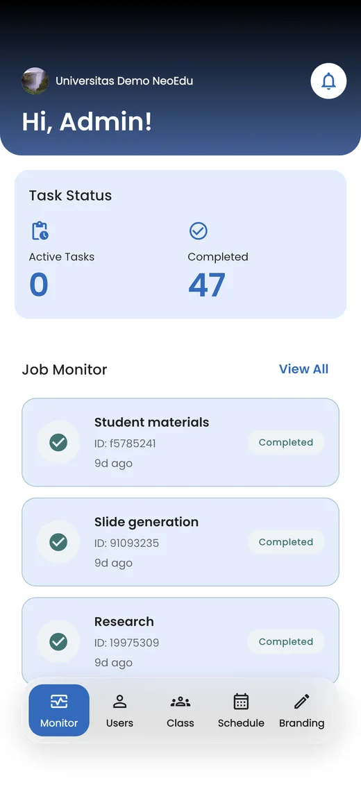 Pratinjau aplikasi ClassPlus — Admin institusi
